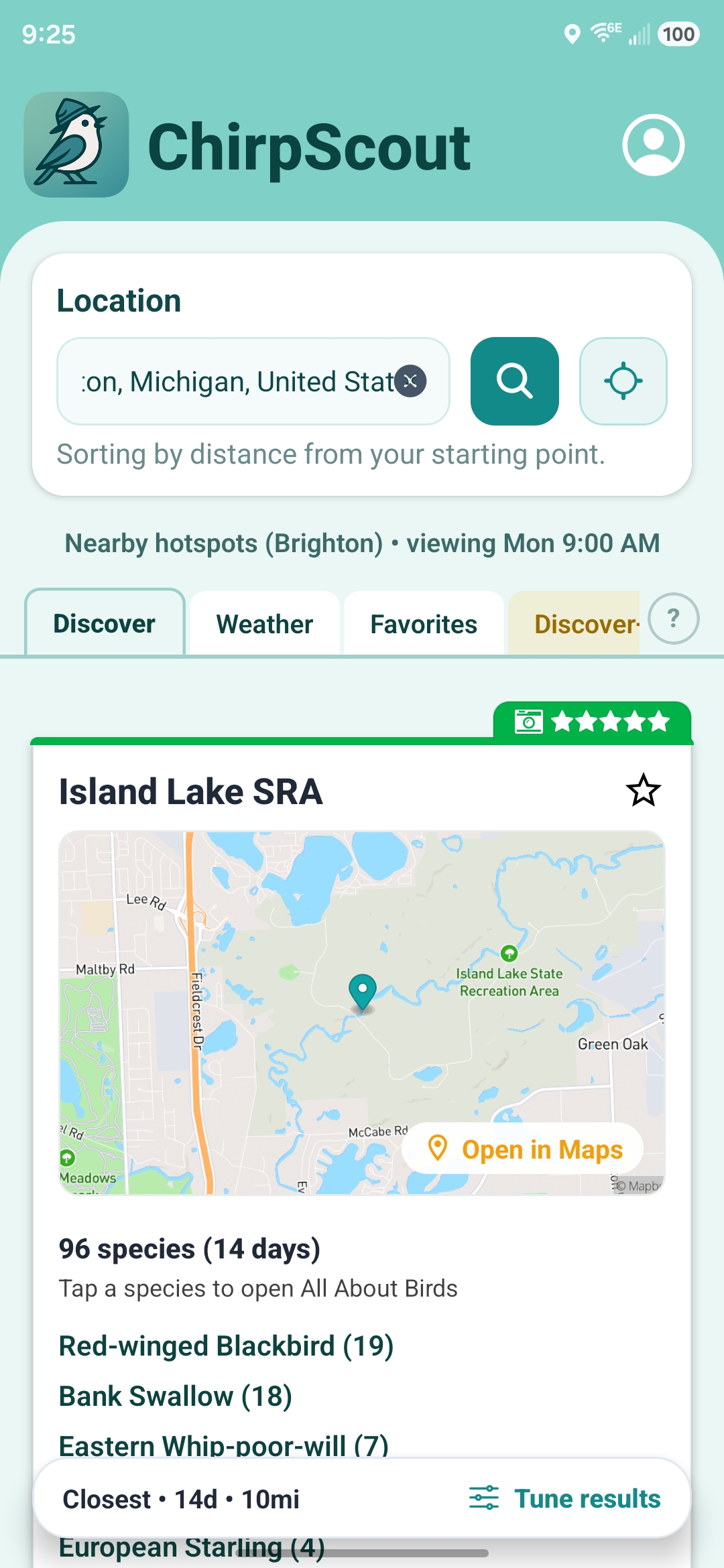 ChirpScout Discover screen showing hotspot suitability scores